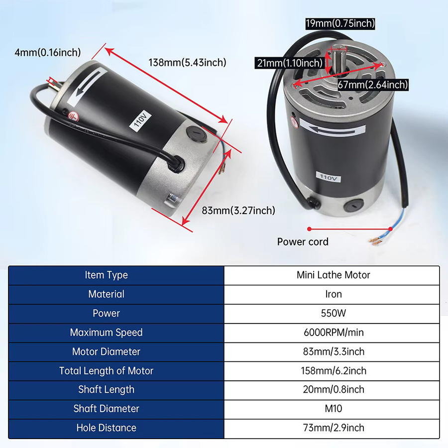POWACE Bürstenmotor für Mini-Drehmaschine 550W/750W 220V in Schwarz, passend für CJ0618 und CD210 Modelle - Bild 3