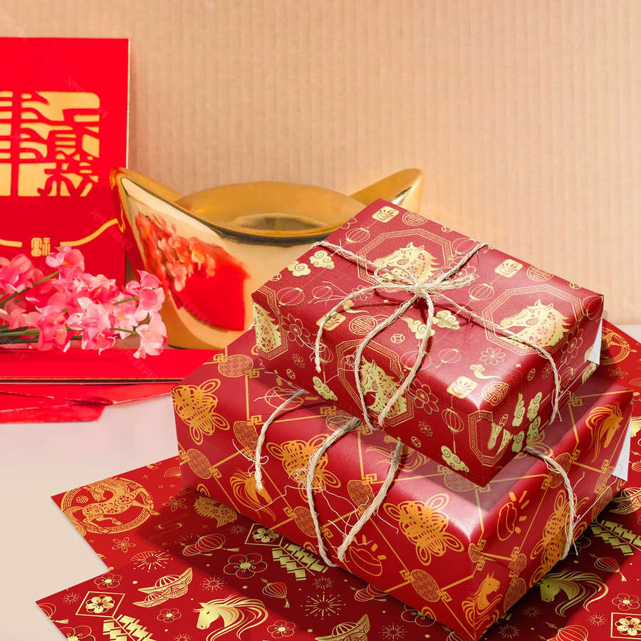 Set mit 12 Stück Geschenkpapier mit chinesischem Neujahrspferd-Muster in Rot für deine Neujahrsparty-Dekoration - Bild 4