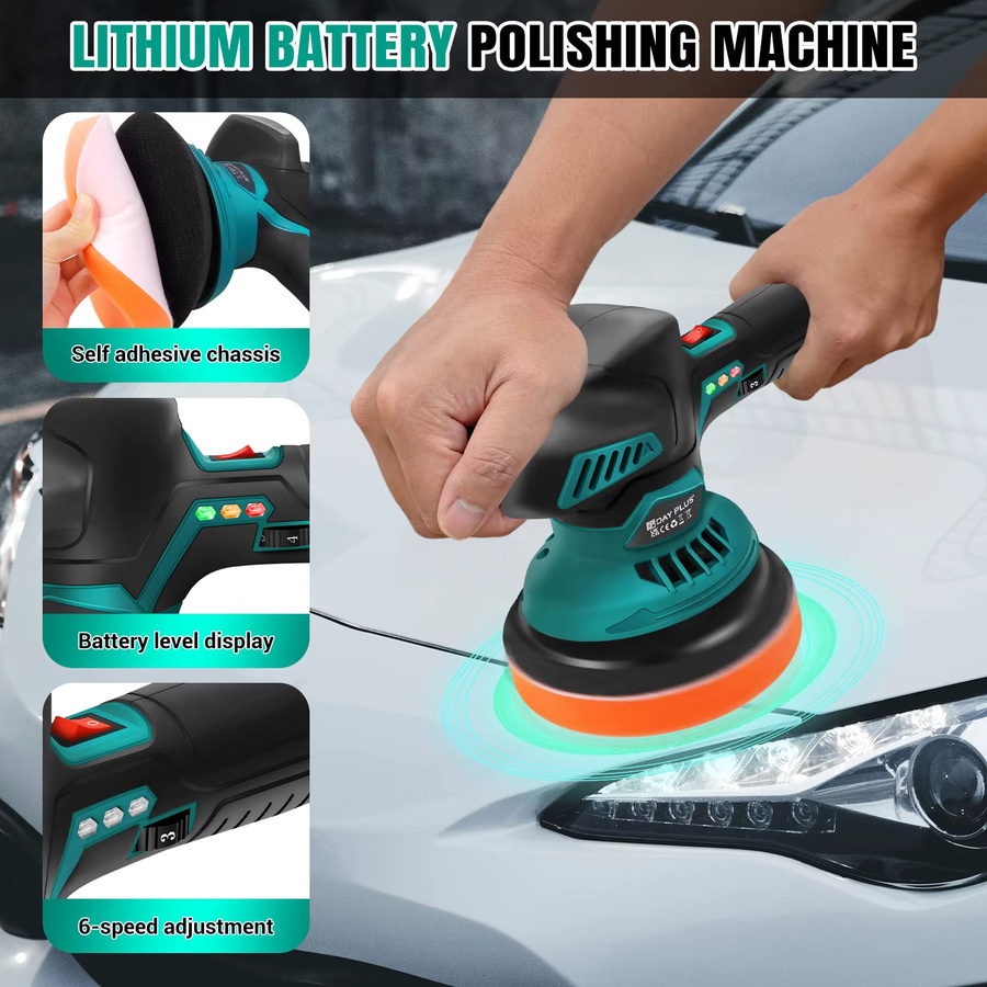 DayPlus Kabelloser Autopolierer in Schwarz mit bürstenlosem Motor, 6 Geschwindigkeitsstufen und 2x 12V 2,0Ah Akkus für Autopflege, Wachsen und Schleifen - Bild 4