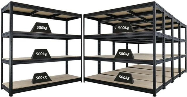5x PROREGAL Schwerlastregal Dino Set, Schwarz, H x B x T: 180 x 200 x 60 cm, mit 4 verstellbaren Spanplatten-Ebenen, Fachlast 500 kg pro Ebene - Bild 1