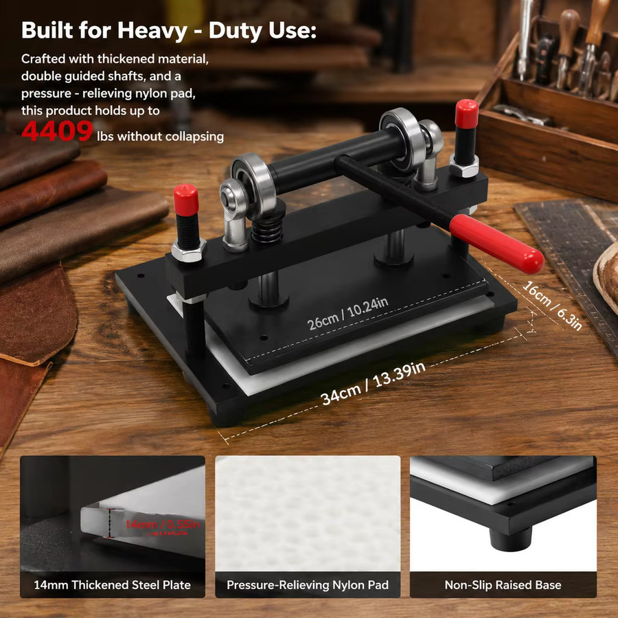 Hochleistungs-2-Tonnen-Hand-Lederschneidemaschine als verstellbare Stanzpresse in Schwarz mit einer Arbeitsplatte von 26 x 16 cm, 26,9 cm Vorschubbreite und 15 mm Hub für Leder, Stoff, Silikon und Papier - Bild 2