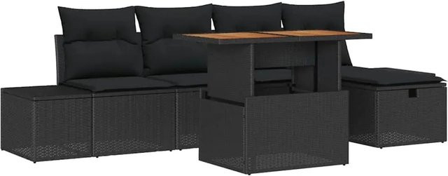 vidaXL Garten-Sofa-Set aus Polyrattan in Schwarz, 6-teilig mit Kissen, 2-Sitzer-Sofa, Ottoman und Couchtisch - Bild 1
