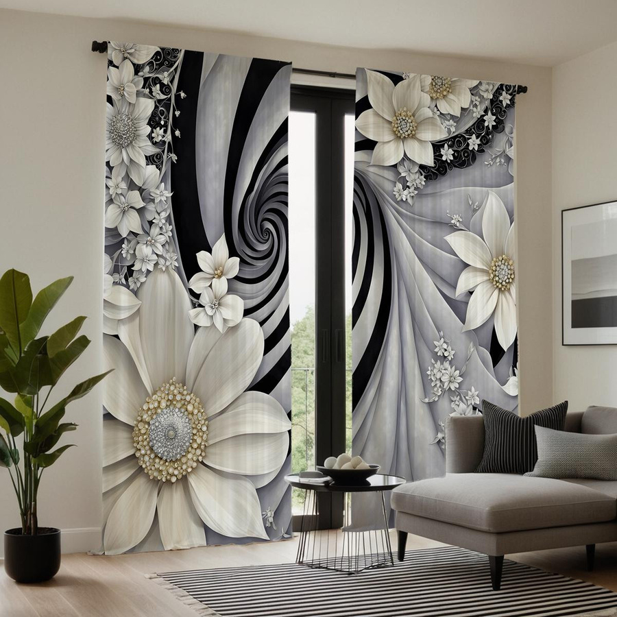 2-teiliges Set semi-transparente Vorhänge mit Pfingstrosen-Blumenmuster in Weiß von Household supplies MH, B: 132 cm, H: 160 cm - Bild 3