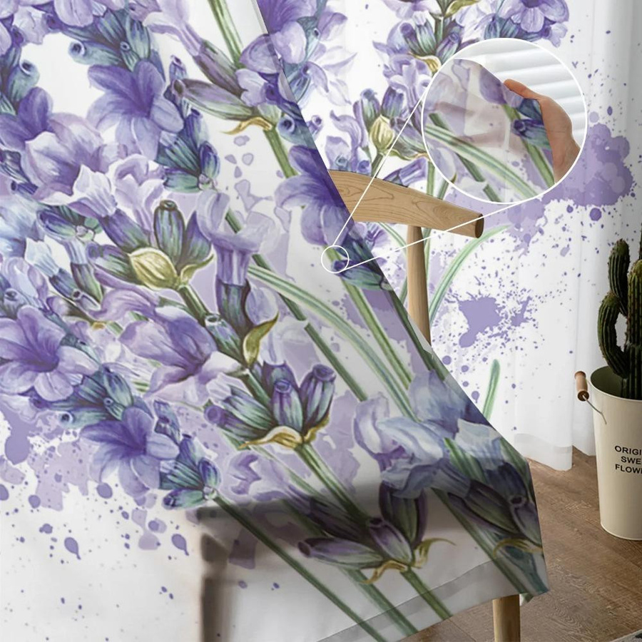 Yiran Furniture Transparenter Voile-Vorhang mit Blumen, Lavendel und Libelle in Weiß, Breite: 135 cm, Höhe: 115 cm - Bild 1
