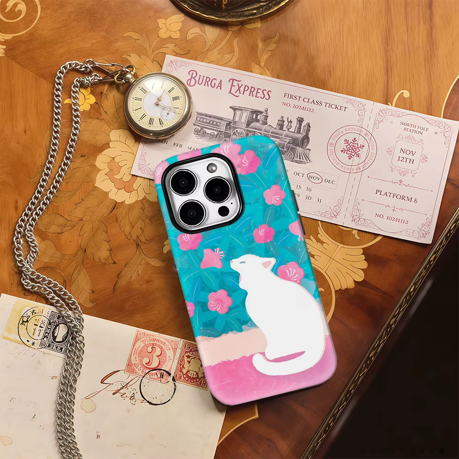 Handyhülle mit weißer Katze unter Blüten für Apple iPhone 17 Pro Max, 16, 15, 14, 13, 12, 11, 17AIR, 16E, Plus – Doppelschichtige Rückseite in Weiß und Multicolour - Bild 2