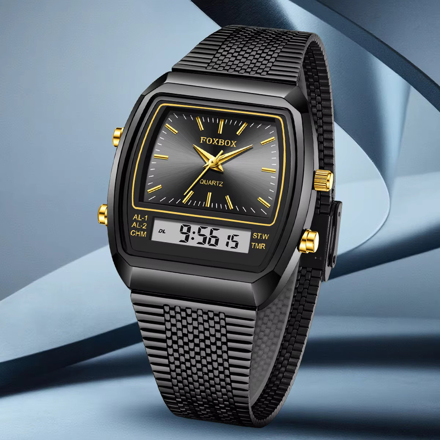 FOXBOX Armbanduhr, Quarz, Digitaluhr, Edelstahl, Schwarz, Herren - Bild 2