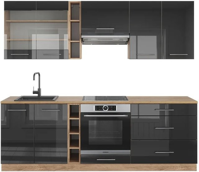 Vicco Fame-Line Küchenzeile in Anthrazit Hochglanz und Eiche, Breite: 235 cm - Bild 1
