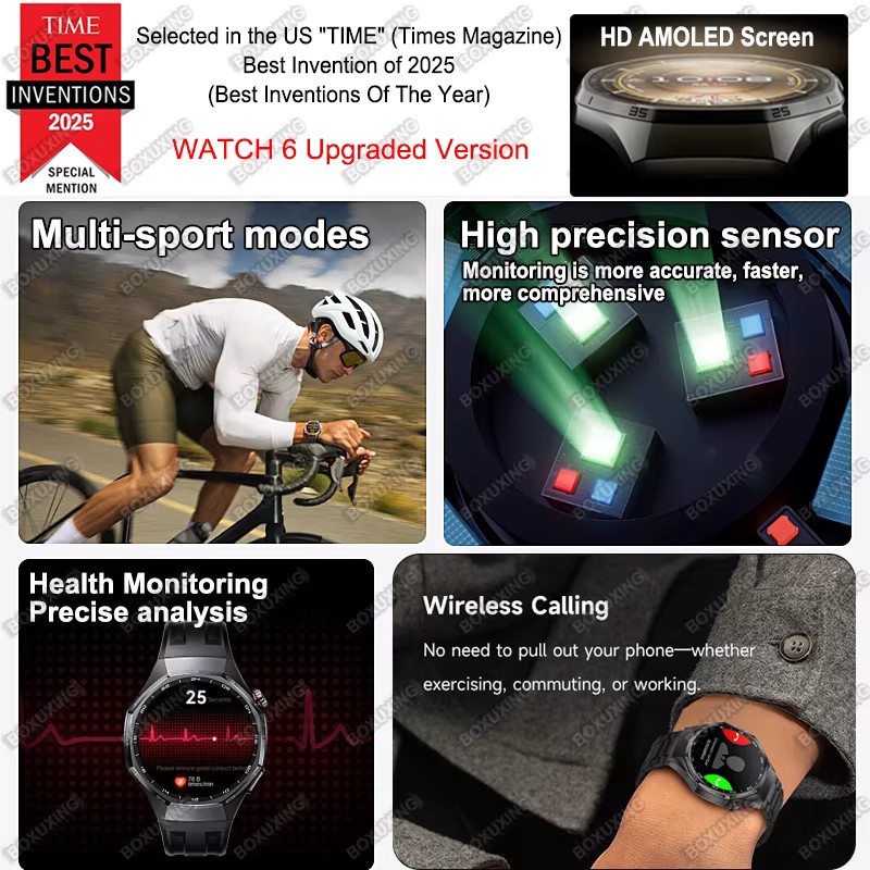 BOXUXING Watch 6 Pro Smartwatch für Herren mit AMOLED-Bildschirm, GPS-Tracking, Bluetooth-Anrufen und Herzfrequenzmessung, wasserdicht, in Schwarz oder Silber - Bild 2