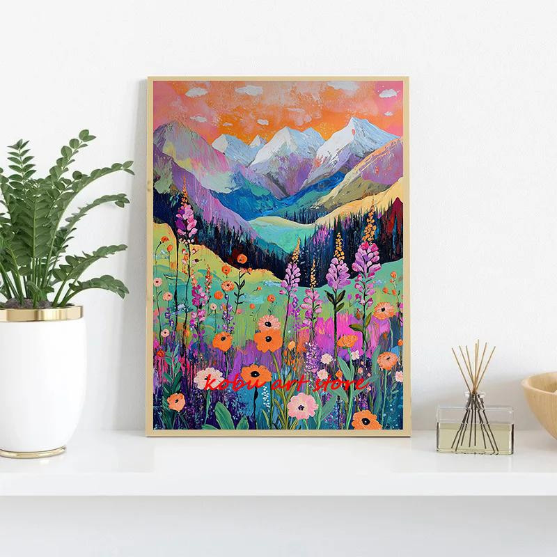 Dopudu Art Museum Abstrakte Landschaft mit Bergen und Blumen Leinwandmalerei, Bunt, Breite: 40 cm, Höhe: 60 cm - Bild 2