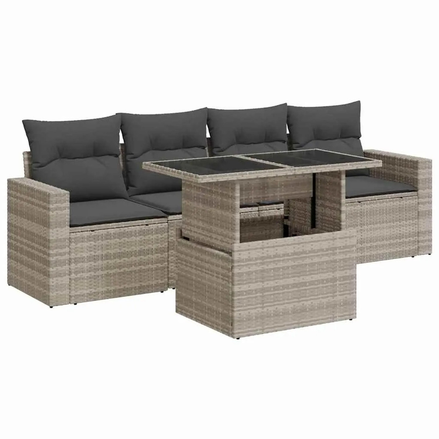 vidaXL 5-tlg. Garten-Sofagarnitur aus Polyrattan in Grau mit Kissen und Couchtisch - Bild 2