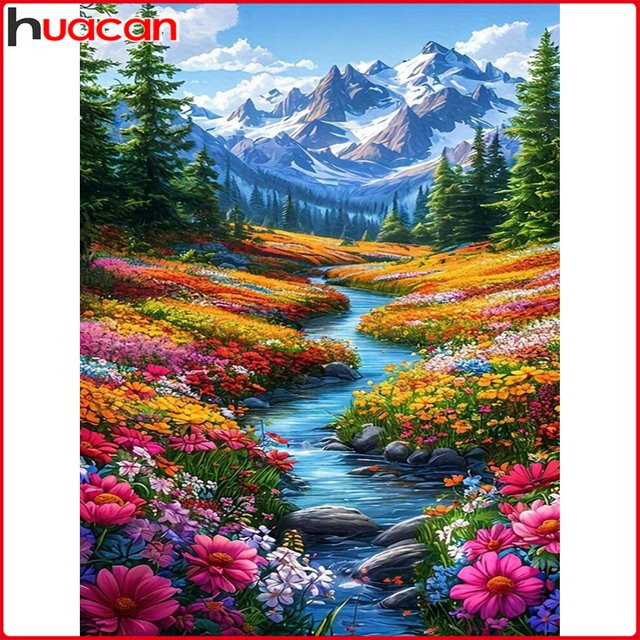 Huacan Diamantgemälde Landschaft und Blumen als Diamant-Stickerei in Mehrfarbig, B/H: 20 x 30 cm - Bild 1