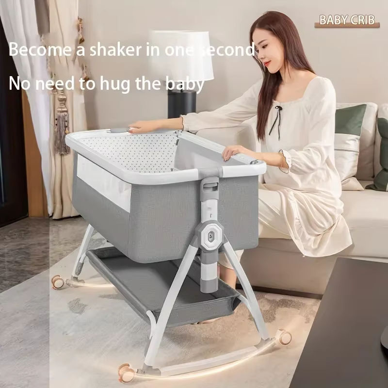 LIUSHADUOLA Babybett in Grau, faltbares und höhenverstellbares Wiegenbett mit Schaukelfunktion und Rollen - Bild 2