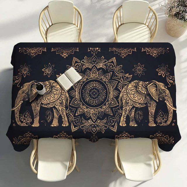 Wasserdichte und fleckenabweisende Tischdecke mit Elefant-Mandala-Motiv von Fancy Style Studio in Schwarz, B: 140 cm, L: 180 cm - Bild 1