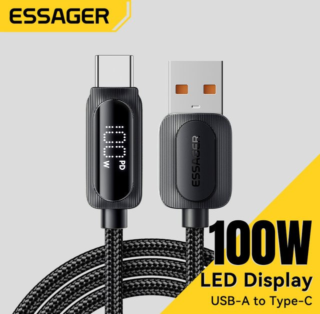 Essager 100 W USB A auf Typ C Schnellladekabel mit LED-Digitalanzeige in Schwarz für Xiaomi Samsung Huawei Realme - Bild 1
