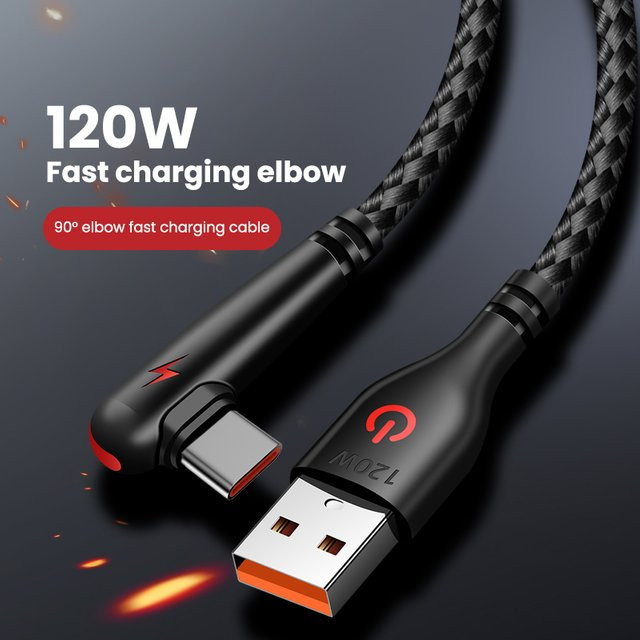 USB-C-Ladekabel mit 120W Schnellladefunktion und 90-Grad-Winkel in Schwarz - Bild 1