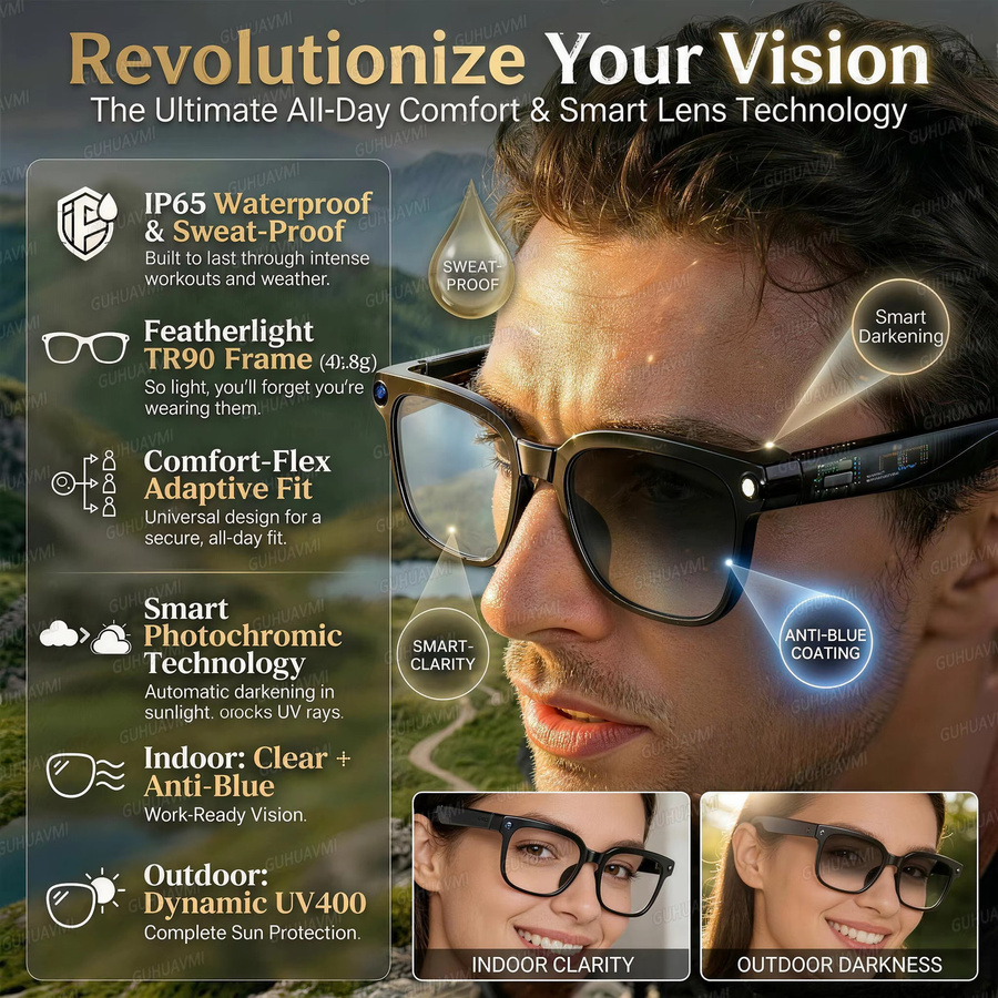 GUHUAVMI AI Smart Brille mit 8K HD Kamera, Bluetooth für Anrufe, Sprachassistent und KI-Übersetzung, Schwarz - Bild 2