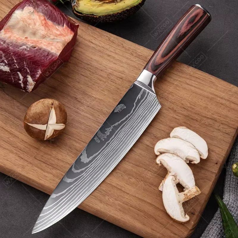 WXCOO Kochmesser-Set mit Damaskus-Muster in Silber für die professionelle Küche inklusive Messerblock und japanischem Gemüseschneider - Bild 2