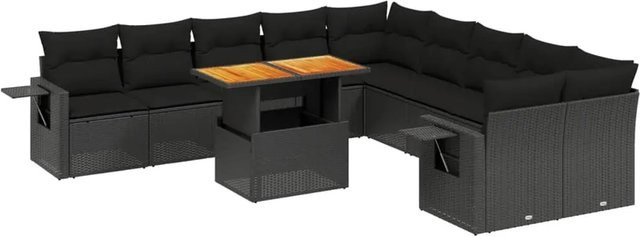 vidaXL 11-teilige Garten-Sofagarnitur aus Poly-Rattan und Akazienholz in Schwarz mit Kissen - Bild 1