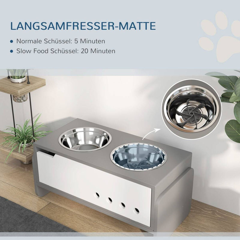 PawHut Erhöhter Hundenapf in Grau mit 2 x 2l Edelstahl-Schüsseln, 3 Stufen höhenverstellbar, inklusive Anti-Schling-Matte und Stauraum, für mittelgroße bis extra große Hunde - Bild 3