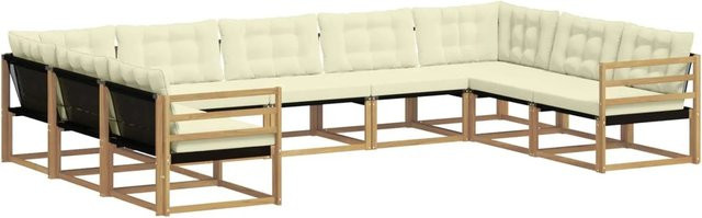 vidaXL Outdoor-Sofagarnitur 9-teilig in L-Form aus Akazienholz mit Textilene und Kissen in Weiß und Beige - Bild 1