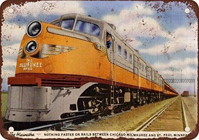 Potdemiel Milwaukee Road Hiawatha Zug Retro Metall Blechschild Wanddekoration in Weiß im Shabby Chic Stil - Bild 1