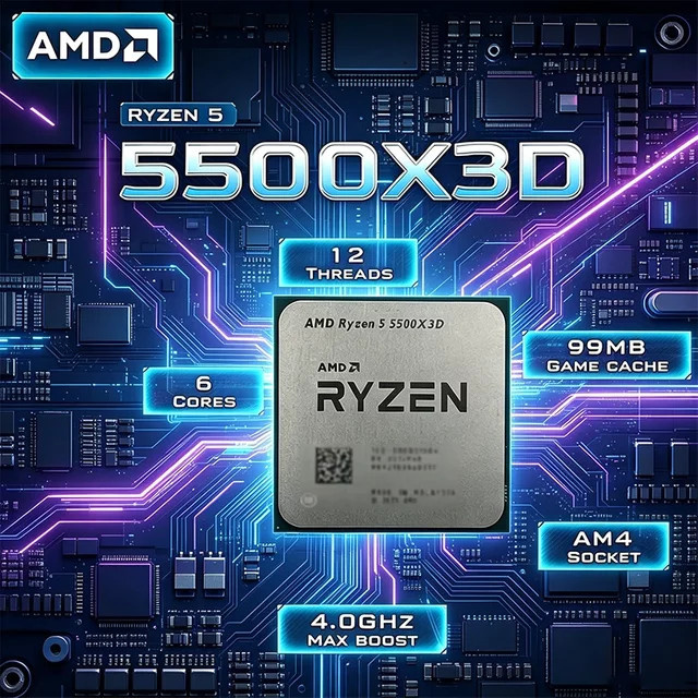 AMD Ryzen 5 5500X3D Gaming-Prozessor für Socket AM4 mit 6 Kernen und 12 Threads, 3 GHz, 96 MB L3-Cache, DDR4, 105W, 7nm - Bild 1