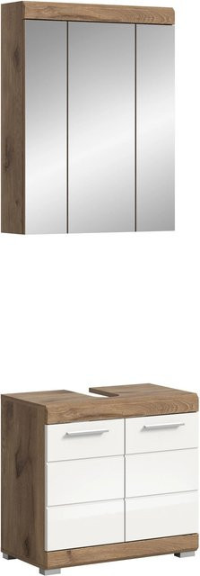Badkombination Wave von xonox.home in Weiß Hochglanz und Nox Oak, 2-teiliges Badezimmer-Set mit Waschtischunterschrank und Spiegelschrank, B/H/T: 60 x 191 x 34 cm - Bild 1