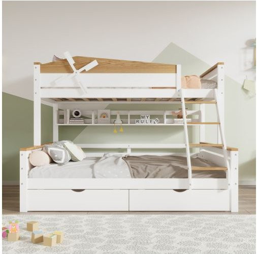MUVOE Etagenbett Windmühle für Kinder in Weiß und Natur aus Massivholz mit Hausrahmen und Schubladen - Bild 1