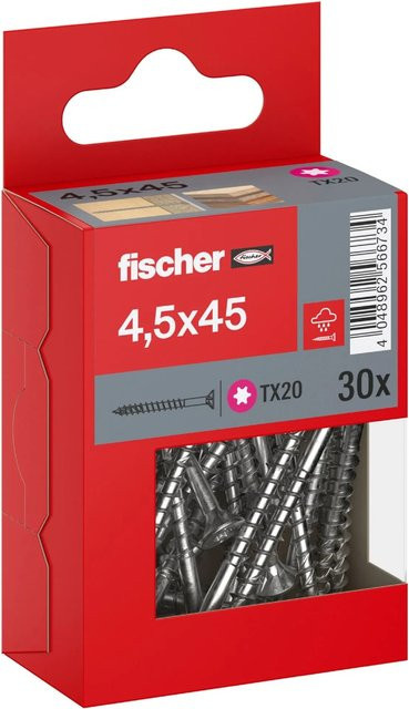 Fischer PowerFast II A2 Senkkopf Holzschraube mit Torx Teilgewinde aus Edelstahl in Silber, Durchmesser: 4,5 mm, Länge: 45 mm, 30 Stück - Bild 1
