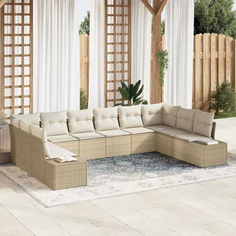 Vidaxl Polyrattan Garten-Sofa-Set aus 10 Teilen in Beige und Creme, modernes modulares Loungemöbel-Set mit abnehmbaren Bezügen, B/T/H: 344 x 209 x 85 cm - Bild 1