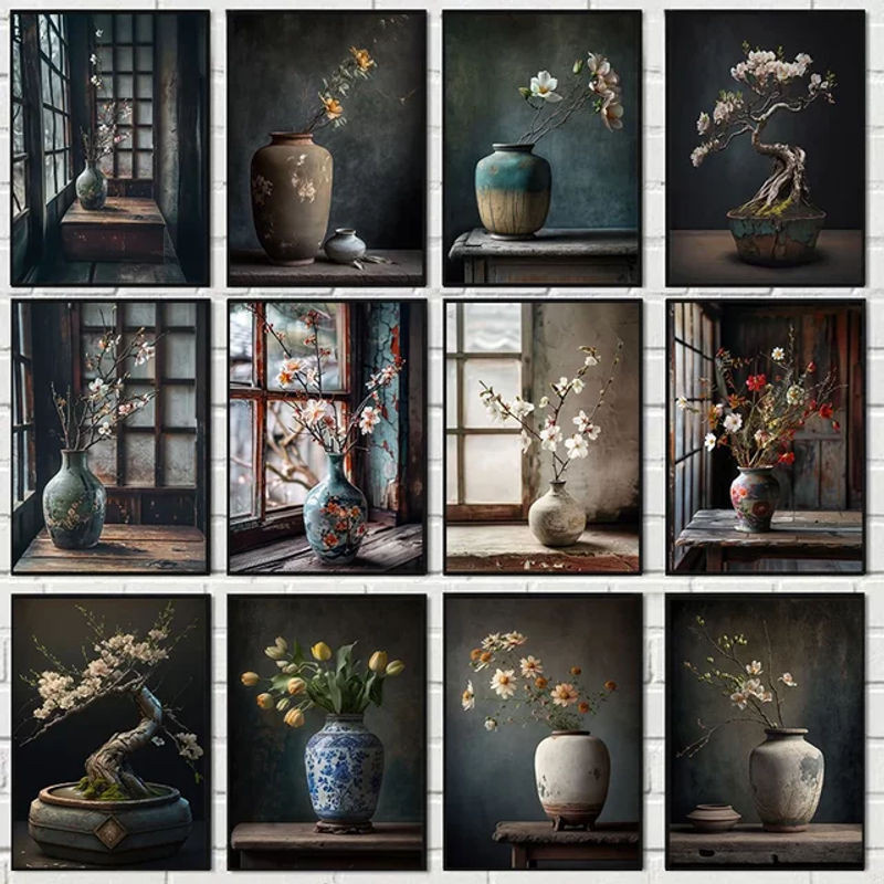 Potdemiel Vintage Leinwandgemälde mit floralem Motiv und Vase als Wanddekoration in Hochformat und Mehrfarbig - Bild 1
