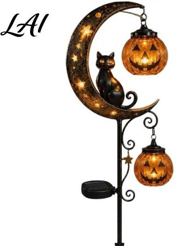 Orionis Solar-Gartenstecker Halloween Sichelmond mit schwarzer Katze und Kürbis, Wasserdichte Wegdekoration in Schwarz mit warmweißem Licht - Bild 1