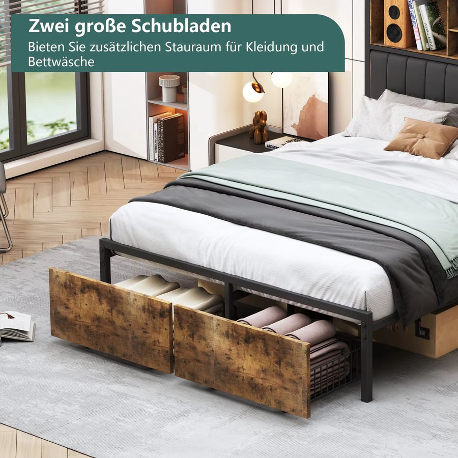 Creahappy Massivholzbett in dunklem Khaki mit gepolstertem Kopfteil, LED-Beleuchtung, USB-Buchse und Fußteil mit Doppelschubladen, B/T/H: 160 x 200 cm - Bild 5