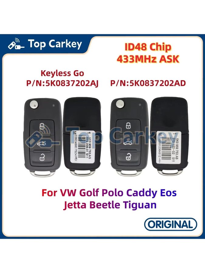 TopCarkey Original Flip Remote Key ID48 Chip 433 MHz in Schwarz für VW Golf Polo Caddy Eos Jetta Beetle Tiguan P/N: 5K0837202AD 5K0837202AJ - Bild 3