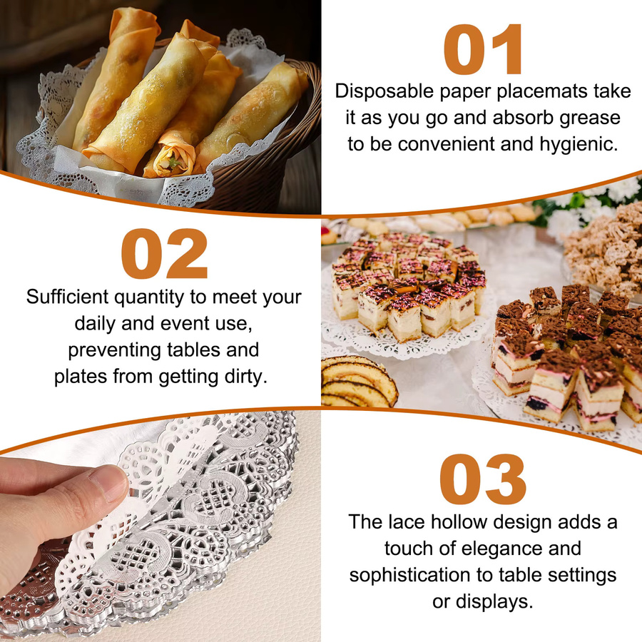 UXCELL Runde Spitzen-Papier-Doilies aus Einweg-Papier in Weiß und Gold zur Dekoration von Kuchen und Desserts - Bild 2