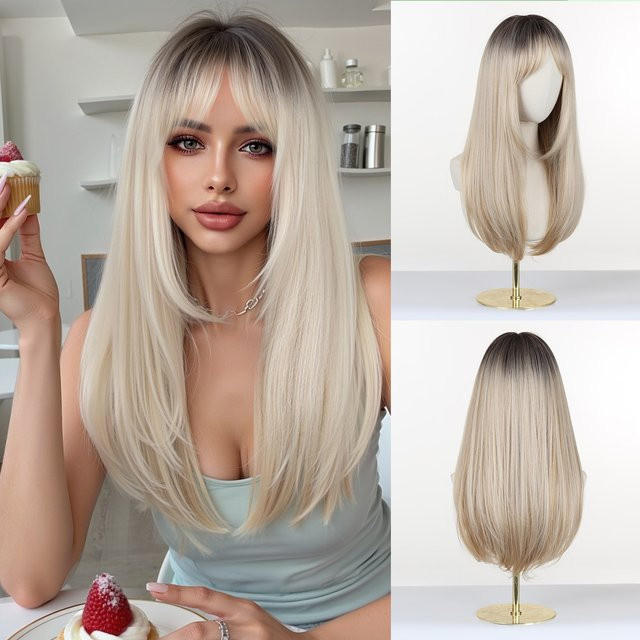 GEMMA Perücke, Ombre Blonde, synthetisch, lang, gerade, mit Pony, Damen - Bild 1