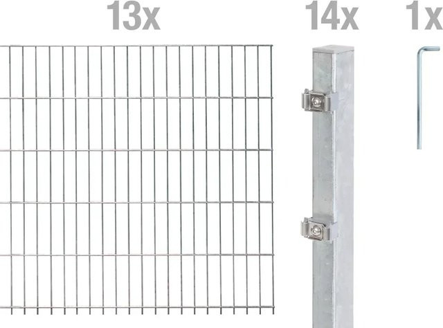 Metallzaun Grund-Set Doppelstabmatte aus Stahl, feuerverzinkt, Farbe: Silber, Erdverlegung, B/H: 2 m x 1,6 m - Bild 1