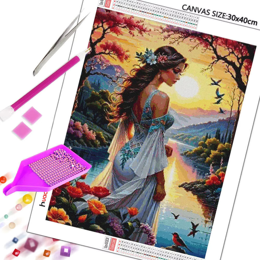 Huacan Diamantgemälde Beauty Girl Setting Sun 2025 mit Blumen und Wildgans als Diamantmosaik-Set in Multicolour - Bild 2