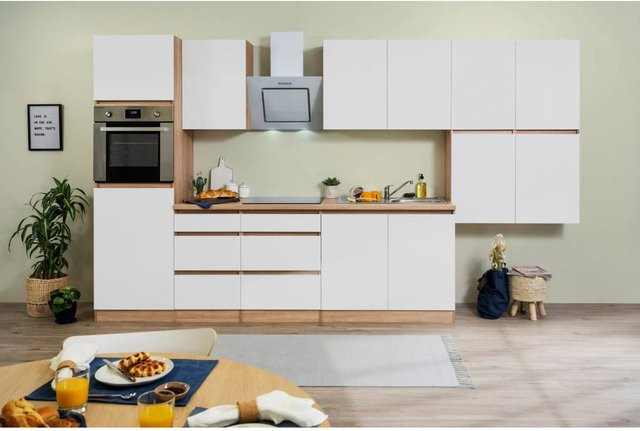 Respekta Küchenzeile modern in Weiß Hochglanz und Eiche Sägerau ohne Elektrogeräte B/H/T: 370 x 220,5 x 60 cm - Bild 1