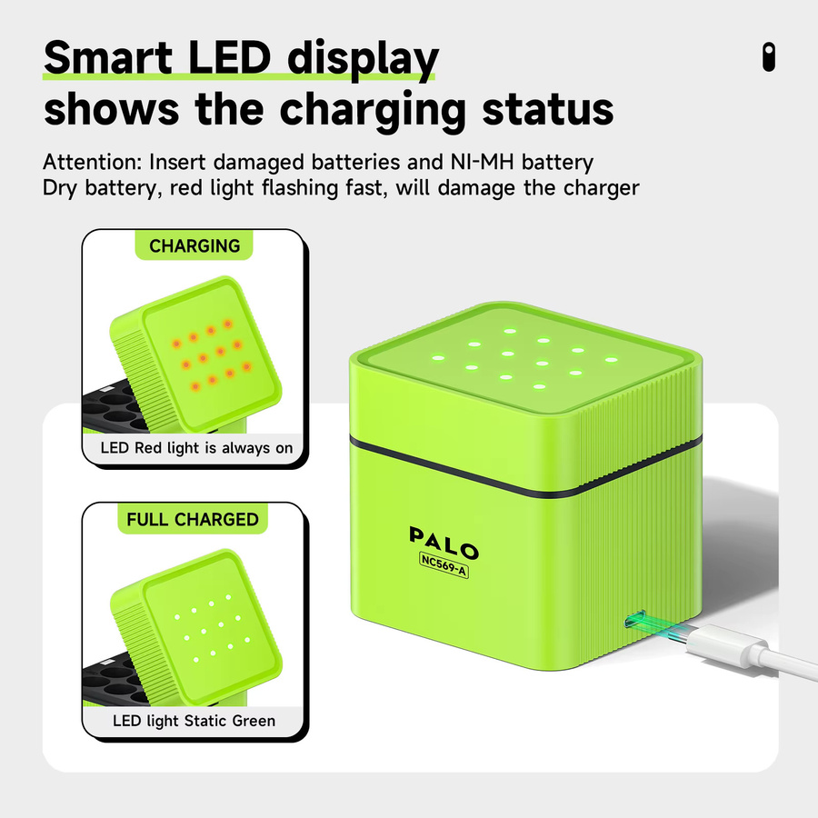 PALO Lithium-Akkuladegerät für 1,5V AA und AAA Batterien mit USB Typ-C Schnellladung und LED-Licht in Grün - Bild 2