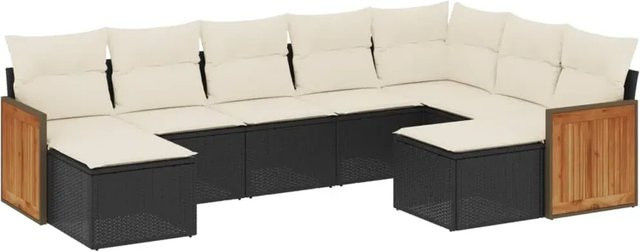 vidaXL 9-teilige Garten-Sofagarnitur in L-Form aus Poly-Rattan und Akazienholz mit Kissen in Schwarz - Bild 1