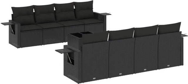 vidaXL 9-tlg. Garten-Sofagarnitur in L-Form mit Kissen und Couchtisch, Schwarz, Poly-Rattan mit Metallgestell - Bild 1