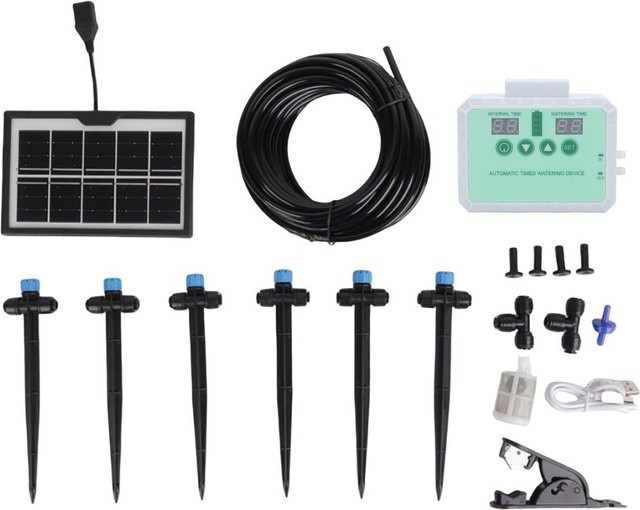 KaiSai Solar Automatisches Tropfbewässerungssystem mit Timer für Garten und Pflanzen Innen und Außen inklusive Düsen und Regenwassersammler Kit - Bild 1