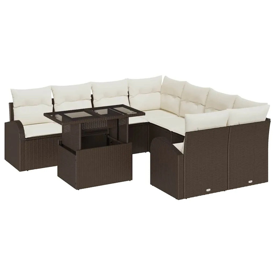 vidaXL Garten-Sofa-Set 9-tlg. in U-Form aus Poly Rattan und Stahl, Braun mit Kissen und Tisch - Bild 2