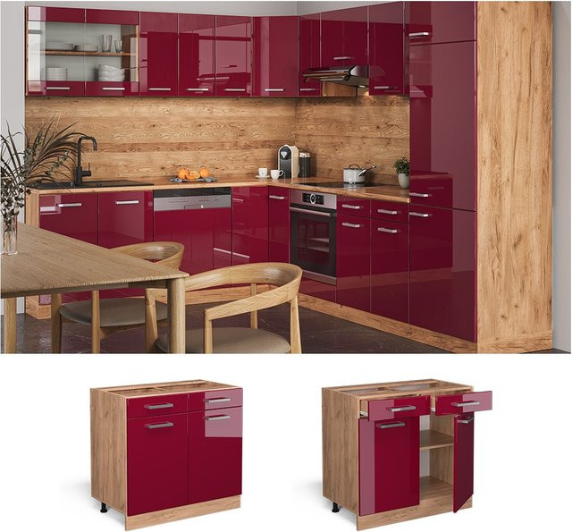 Vicco Küchenunterschrank R-Line in Bordeaux mit Goldkraft-Elementen, Breite: 80 cm - Bild 1