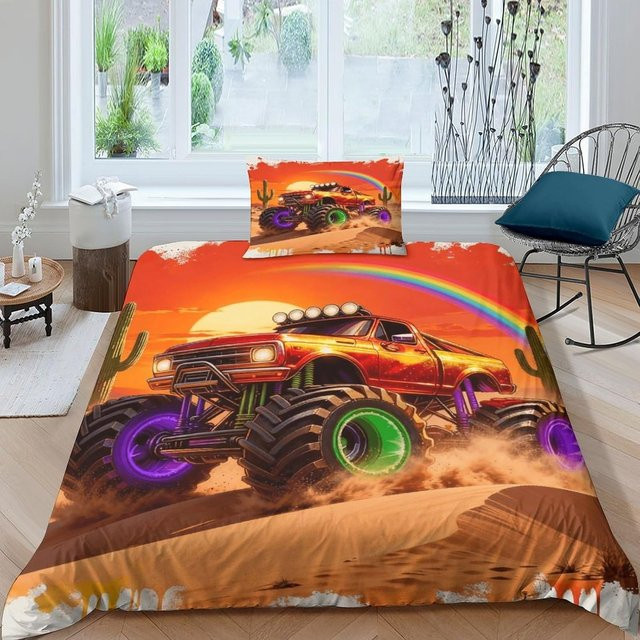 Monster Truck Bettwäsche-Set mit 3D-Design aus weicher Mikrofaser, bestehend aus Bettbezug mit Reißverschluss und Kissenbezug, Mehrfarbig, B/H: 100 x 135 cm - Bild 1