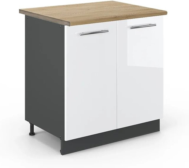 Vicco Spülenunterschrank Fame-Line in Weiß Hochglanz und Anthrazit mit Regal und Eichen-Optik, B/T/H: 80 x 60 x 82 cm - Bild 1