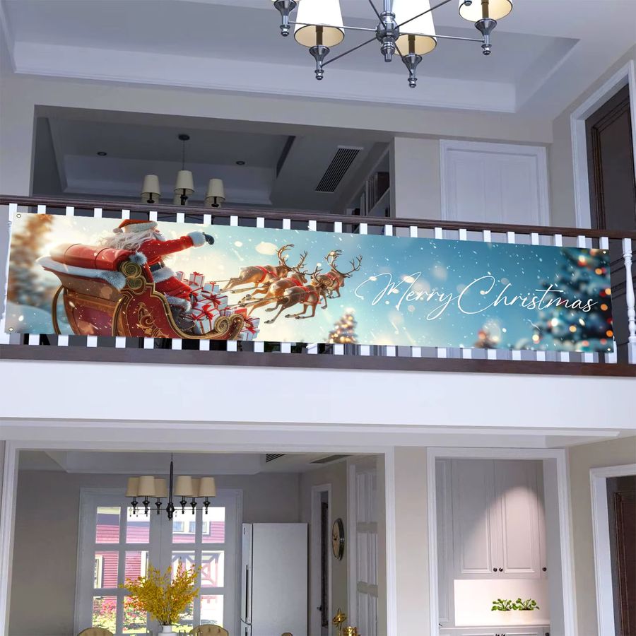 VIKAMA Weihnachtsbanner mit Weihnachtsmann und Rentier als hängende Dekoration für Outdoor und Zuhause aus Polyester, Breite: 180 cm, Höhe: 35 cm - Bild 2