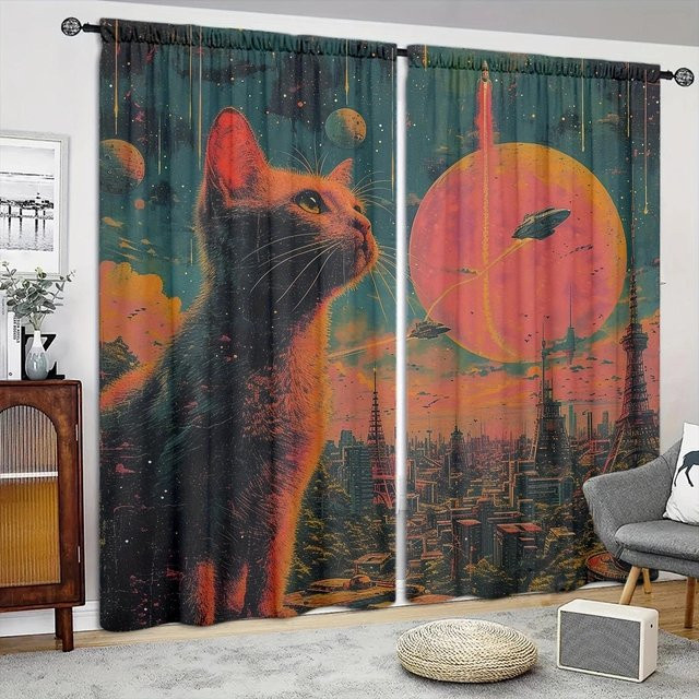 Bedruckter Vorhang mit Katzen-Motiv von Household supplies MH, 2er-Set, Braun/Mehrfarbig, Breite: 52,5 cm, Höhe: 116 cm - Bild 1
