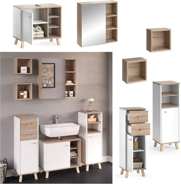 Vicco Badmöbelset Senyo in Schwarz/Weiß mit Midischrank, Waschtischunterschrank und Spiegelschrank im skandinavischen Design - Bild 1